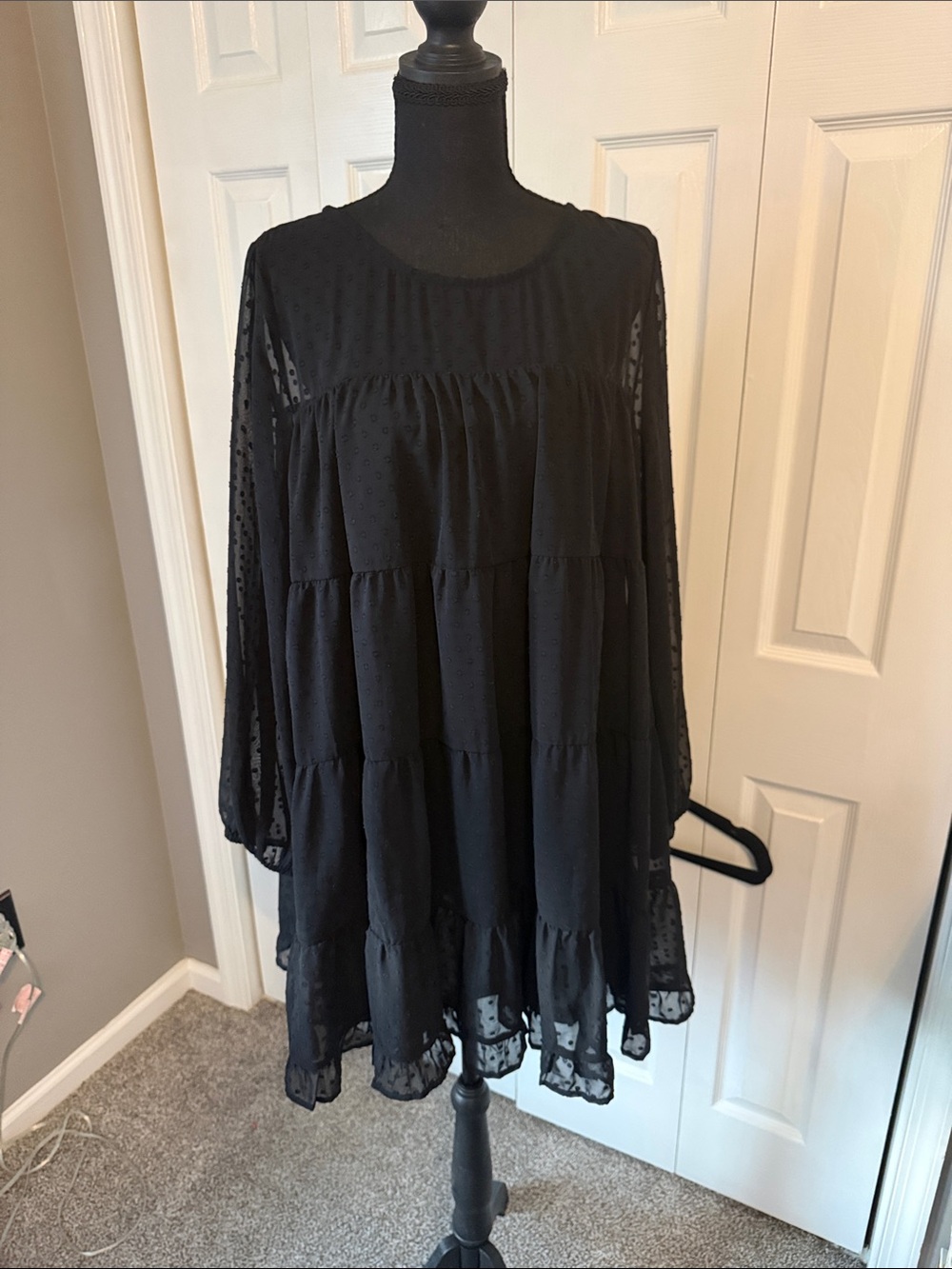 Black Tiered Mini Dress with Sheer Dotted Sleeves